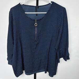Cathy Navy Blue Polka Dot Zip Front Blouse with Tiered Ruffle Sleeves Size XL